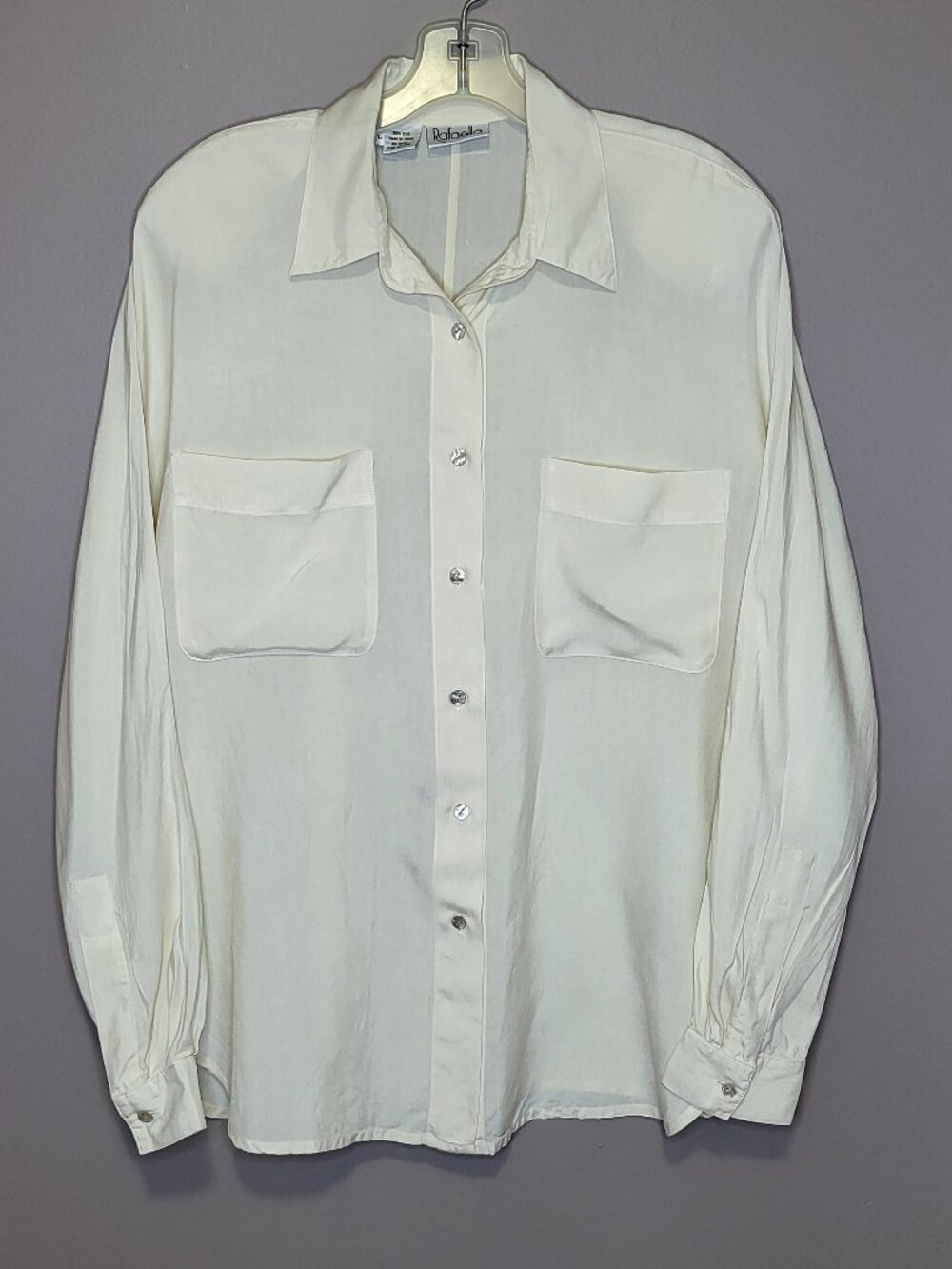 VTG Rafaella 100% Silk Ivory Button Down Blouse Large Oversized Pocket Shirt